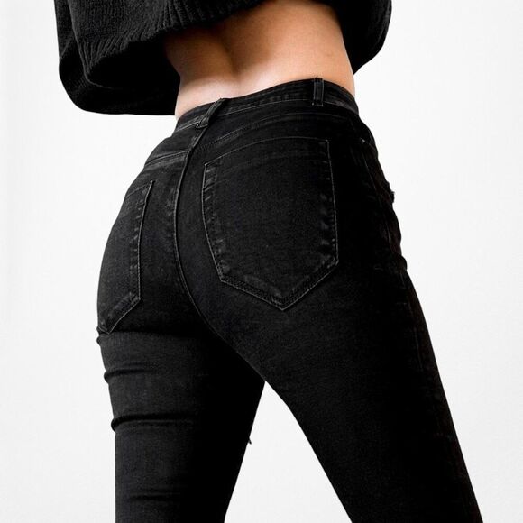 Black High Waisted Distressed Destroyed Ripped Knees Skinny Denim Jeans Size XS - Picture 4 of 7